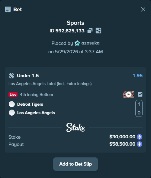 Bet slip: Detroit Tigers - Los Angeles Angels, $25,785.87 stake at 1.95 odds, placed by azosuka