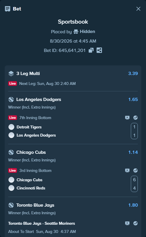 Bet slip: Detroit Tigers - Los Angeles Dodgers, $10,000.00 stake at 1.65 odds, placed by Hidden