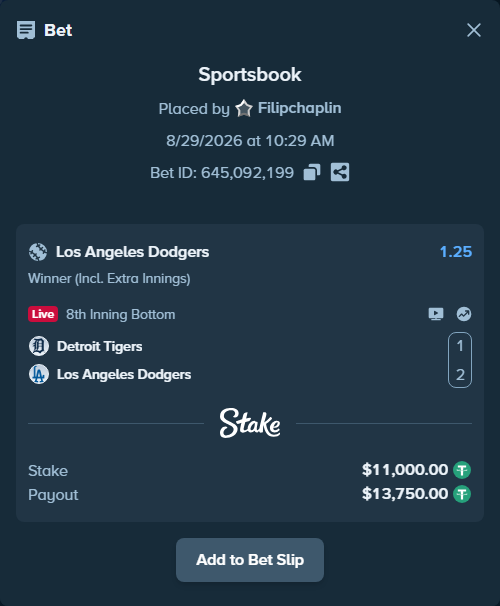 Bet slip: Detroit Tigers - Los Angeles Dodgers, $11,000.00 stake at 1.25 odds, placed by Filipchaplin