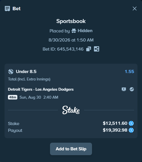 Bet slip: Detroit Tigers - Los Angeles Dodgers, $12,511.60 stake at 1.55 odds, placed by Hidden