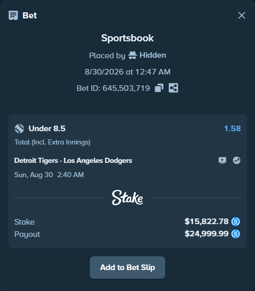 Bet slip: Detroit Tigers - Los Angeles Dodgers, $15,822.78 stake at 1.58 odds, placed by Hidden