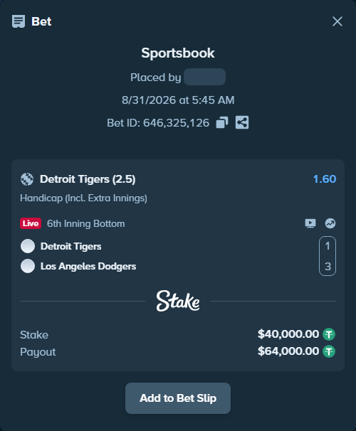 Bet slip: Detroit Tigers - Los Angeles Dodgers, $40,000.00 stake at 1.60 odds, placed by ayoflasher