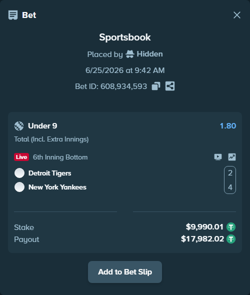 Bet slip: Detroit Tigers - New York Yankees, $10,000.00 stake at 1.80 odds, placed by zhanjinkun