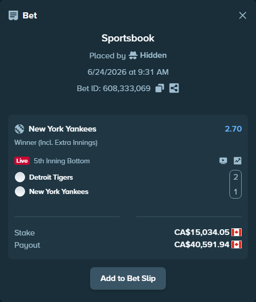 Bet slip: Detroit Tigers - New York Yankees, $11,125.20 stake at 2.70 odds, placed by Hidden