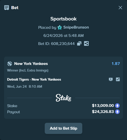 Bet slip: Detroit Tigers - New York Yankees, $12,264.34 stake at 1.87 odds, placed by SnipeBrunson