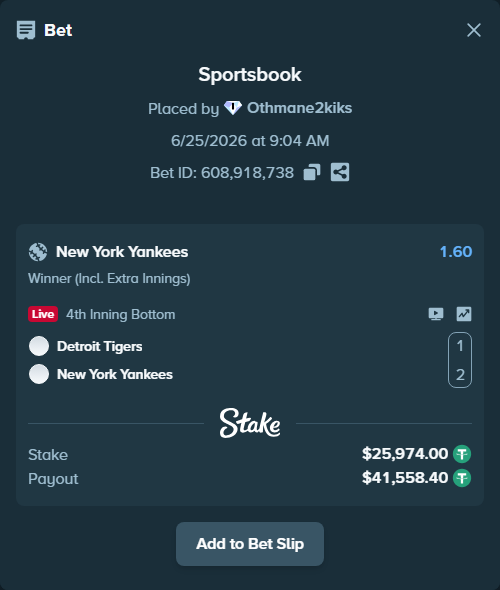 Bet slip: Detroit Tigers - New York Yankees, $25,999.97 stake at 1.60 odds, placed by Othmane2kiks