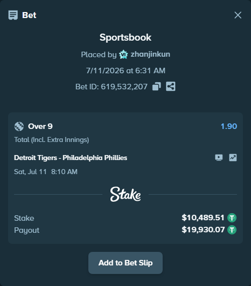 Bet slip: Detroit Tigers - Philadelphia Phillies, $10,500.00 stake at 1.90 odds, placed by zhanjinkun