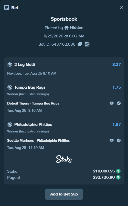 Bet slip: Detroit Tigers - Tampa Bay Rays, $10,000.55 stake at 1.75 odds, placed by Hidden