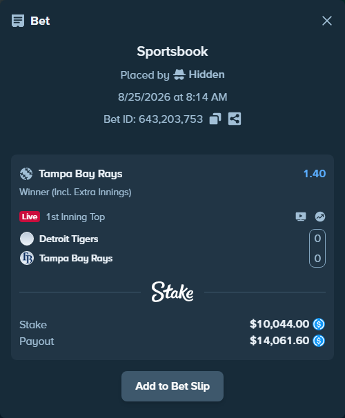 Bet slip: Detroit Tigers - Tampa Bay Rays, $10,044.00 stake at 1.40 odds, placed by Hidden