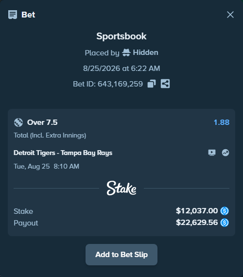 Bet slip: Detroit Tigers - Tampa Bay Rays, $12,037.00 stake at 1.88 odds, placed by Hidden