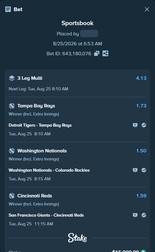 Bet slip: Detroit Tigers - Tampa Bay Rays, $15,000.00 stake at 1.73 odds, placed by 12quant