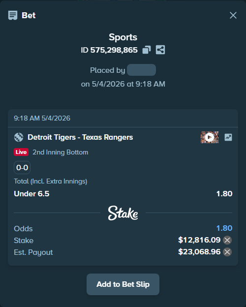 Bet slip: Detroit Tigers - Texas Rangers, $10,595.51 stake at 1.80 odds, placed by Dash30