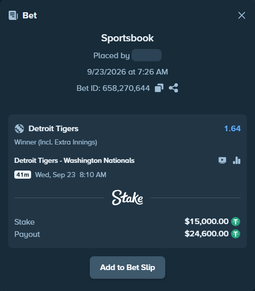 Bet slip: Detroit Tigers - Washington Nationals, $15,000.00 stake at 1.64 odds, placed by nandonzr