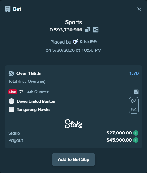 Bet slip: Dewa United Banten - Tangerang Hawks, $27,027.00 stake at 1.70 odds, placed by Kriski99