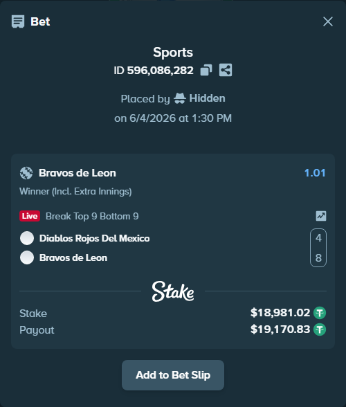 Bet slip: Diablos Rojos Del Mexico - Bravos de Leon, $19,000.00 stake at 1.01 odds, placed by Hidden
