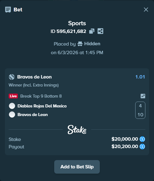 Bet slip: Diablos Rojos Del Mexico - Bravos de Leon, $20,000.00 stake at 1.01 odds, placed by Hidden