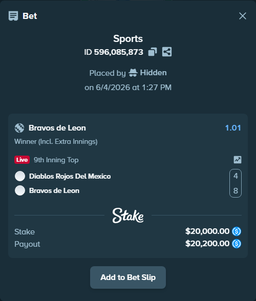 Bet slip: Diablos Rojos Del Mexico - Bravos de Leon, $20,000.00 stake at 1.01 odds, placed by Hidden