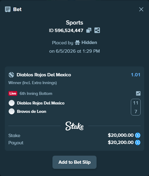Bet slip: Diablos Rojos Del Mexico - Bravos de Leon, $20,000.00 stake at 1.01 odds, placed by Hidden