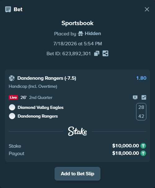 Bet slip: Diamond Valley Eagles - Dandenong Rangers, $10,010.00 stake at 1.80 odds, placed by Hidden