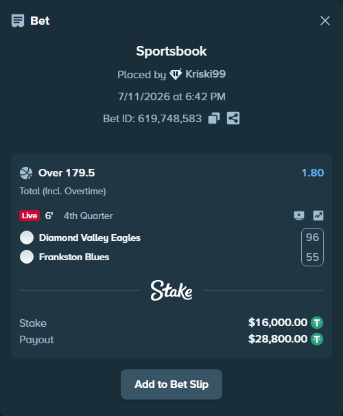 Bet slip: Diamond Valley Eagles - Frankston Blues, $16,016.00 stake at 1.80 odds, placed by Kriski99