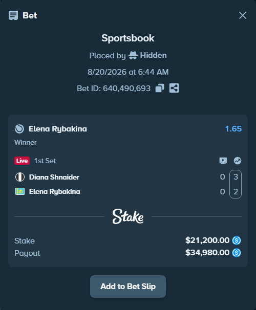 Bet slip: Diana Shnaider - Elena Rybakina, $21,200.00 stake at 1.65 odds, placed by kuwkuw