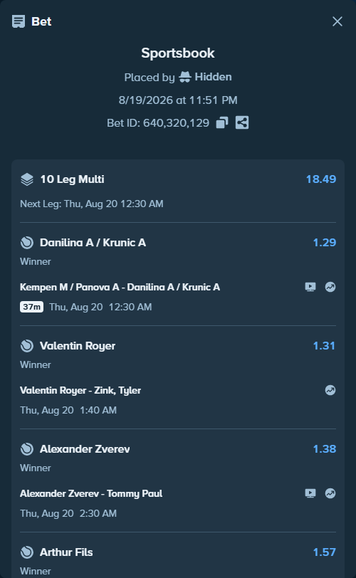 Bet slip: Diana Shnaider - Elena Rybakina, $29,950.10 stake at 1.38 odds, placed by Hidden
