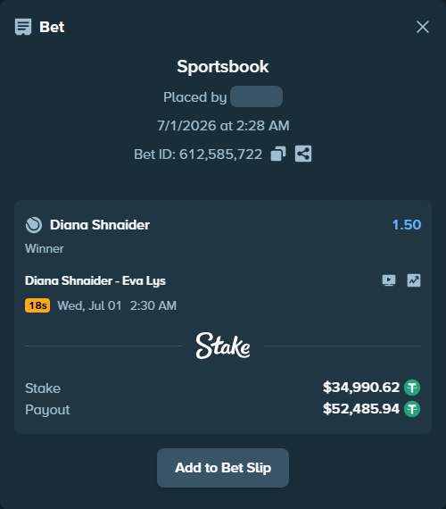 Bet slip: Diana Shnaider - Eva Lys, $35,025.61 stake at 1.50 odds, placed by NeporozhnevArt