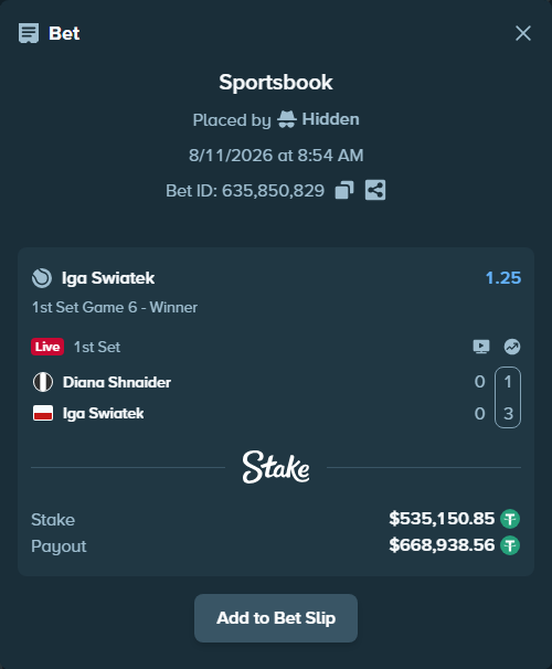 Bet slip: Diana Shnaider - Iga Swiatek, $535,686.00 stake at 1.25 odds, placed by Hidden