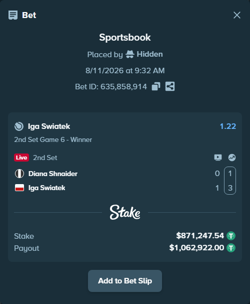 Bet slip: Diana Shnaider - Iga Swiatek, $872,118.79 stake at 1.22 odds, placed by Hidden