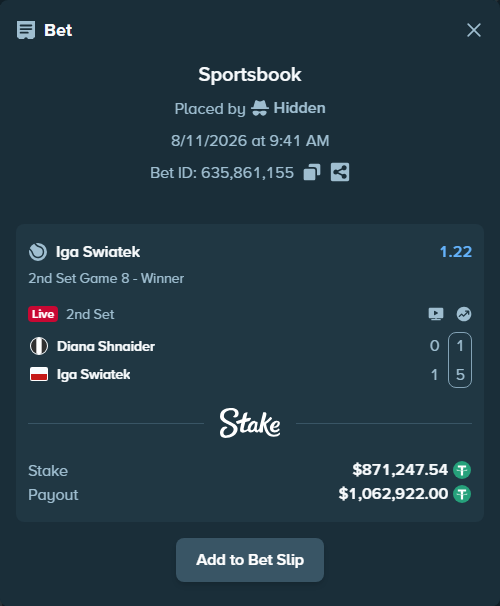 Bet slip: Diana Shnaider - Iga Swiatek, $872,118.79 stake at 1.22 odds, placed by Hidden
