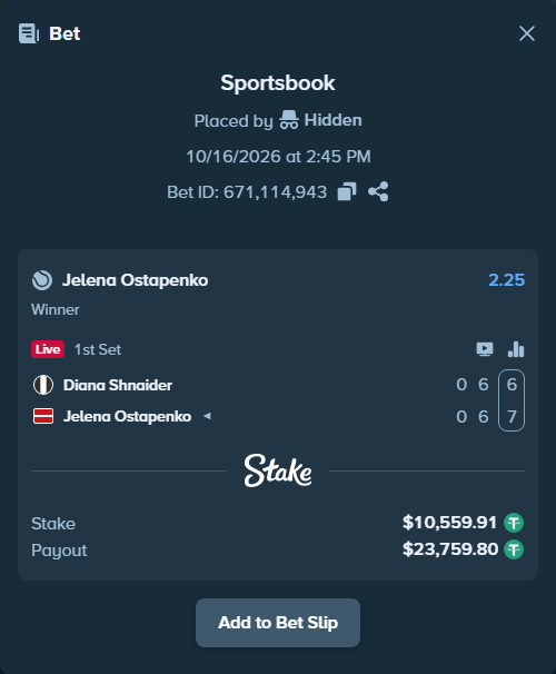 Bet slip: Diana Shnaider - Jelena Ostapenko, $10,570.47 stake at 2.25 odds, placed by Hidden