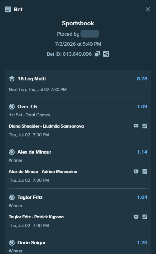 Bet slip: Diana Shnaider - Liudmila Samsonova, $100,000.00 stake at 1.09 odds, placed by OplatekRafal