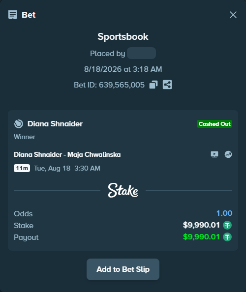 Bet slip: Diana Shnaider - Maja Chwalinska, $10,000.00 stake at 1.29 odds, placed by UsagiMagi