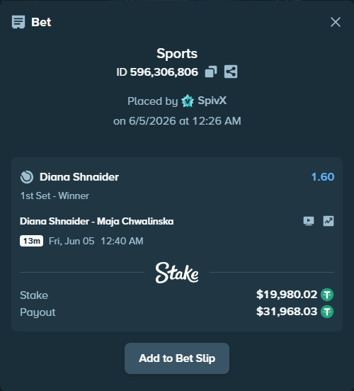 Bet slip: Diana Shnaider - Maja Chwalinska, $20,000.00 stake at 1.60 odds, placed by SpivX