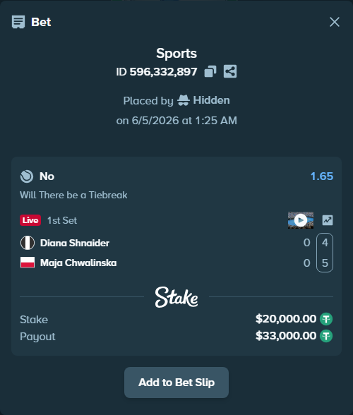 Bet slip: Diana Shnaider - Maja Chwalinska, $20,020.00 stake at 1.65 odds, placed by Hidden