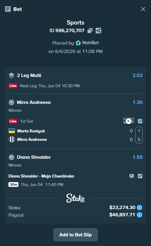 Bet slip: Diana Shnaider - Maja Chwalinska, $23,274.30 stake at 1.55 odds, placed by NstrBet
