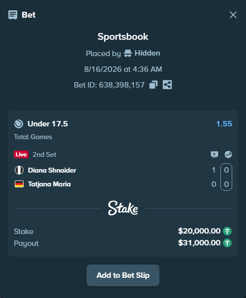 Bet slip: Diana Shnaider - Tatjana Maria, $20,020.00 stake at 1.55 odds, placed by Hidden