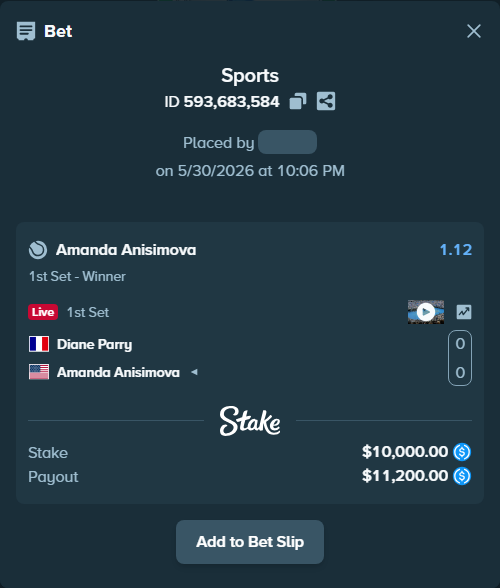 Bet slip: Diane Parry - Amanda Anisimova, $10,000.00 stake at 1.12 odds, placed by Nick1188
