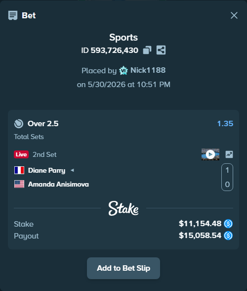 Bet slip: Diane Parry - Amanda Anisimova, $11,154.48 stake at 1.35 odds, placed by Nick1188