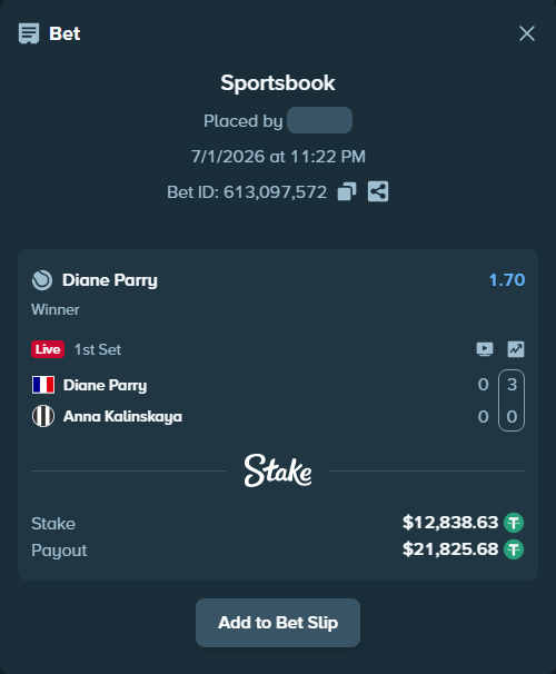 Bet slip: Diane Parry - Anna Kalinskaya, $12,851.47 stake at 1.70 odds, placed by 토사장체크카드
