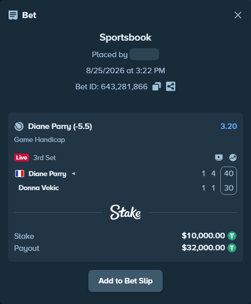 Bet slip: Diane Parry - Donna Vekic, $10,000.00 stake at 3.20 odds, placed by Zubkov1