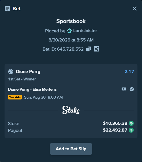 Bet slip: Diane Parry - Elise Mertens, $10,365.38 stake at 2.17 odds, placed by Lordsinister