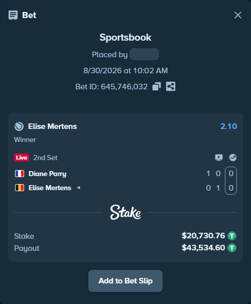 Bet slip: Diane Parry - Elise Mertens, $20,730.76 stake at 2.10 odds, placed by Lordsinister