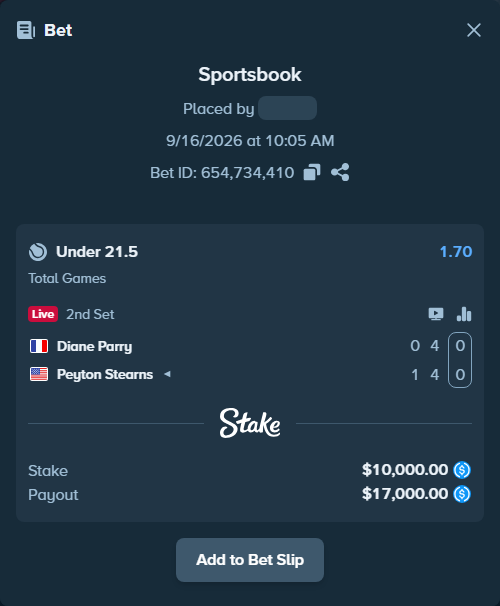 Bet slip: Diane Parry - Peyton Stearns, $10,000.00 stake at 1.70 odds, placed by kuwkuw
