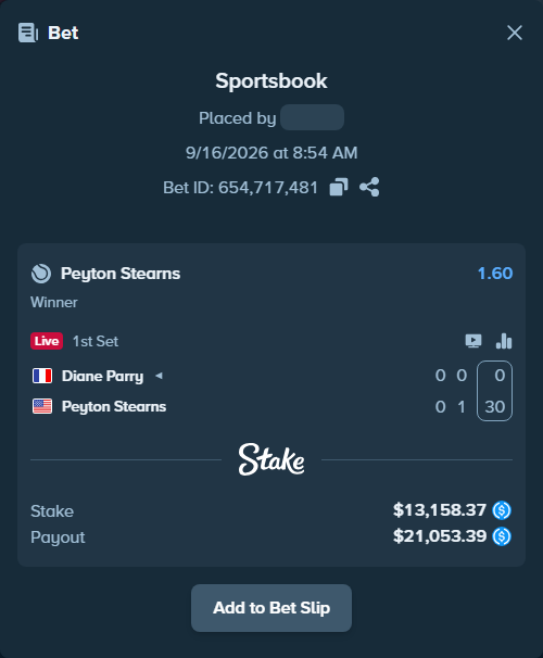 Bet slip: Diane Parry - Peyton Stearns, $13,158.37 stake at 1.60 odds, placed by kuwkuw