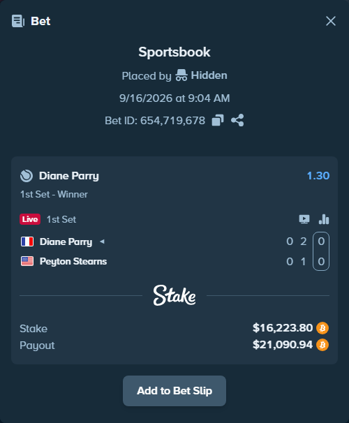 Bet slip: Diane Parry - Peyton Stearns, $16,195.24 stake at 1.30 odds, placed by Hidden