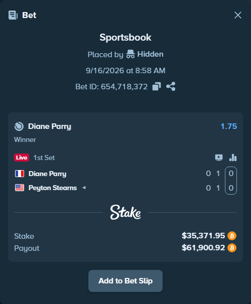 Bet slip: Diane Parry - Peyton Stearns, $35,336.49 stake at 1.75 odds, placed by Hidden