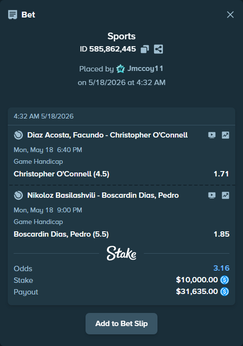 Bet slip: Diaz Acosta, Facundo - Christopher O'Connell, $10,000.00 stake at 1.71 odds, placed by Jmccoy11