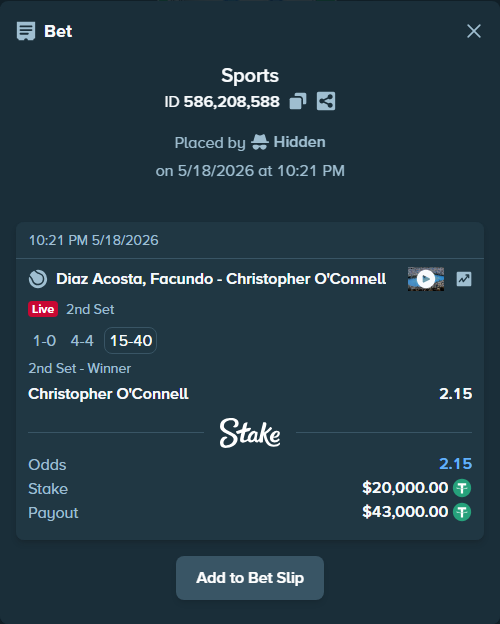 Bet slip: Diaz Acosta, Facundo - Christopher O'Connell, $20,000.00 stake at 2.15 odds, placed by Hidden