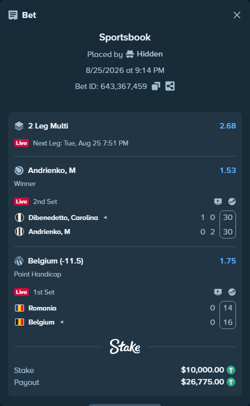 Bet slip: Dibenedetto, Carolina - Andrienko, M, $10,000.00 stake at 1.53 odds, placed by Hidden